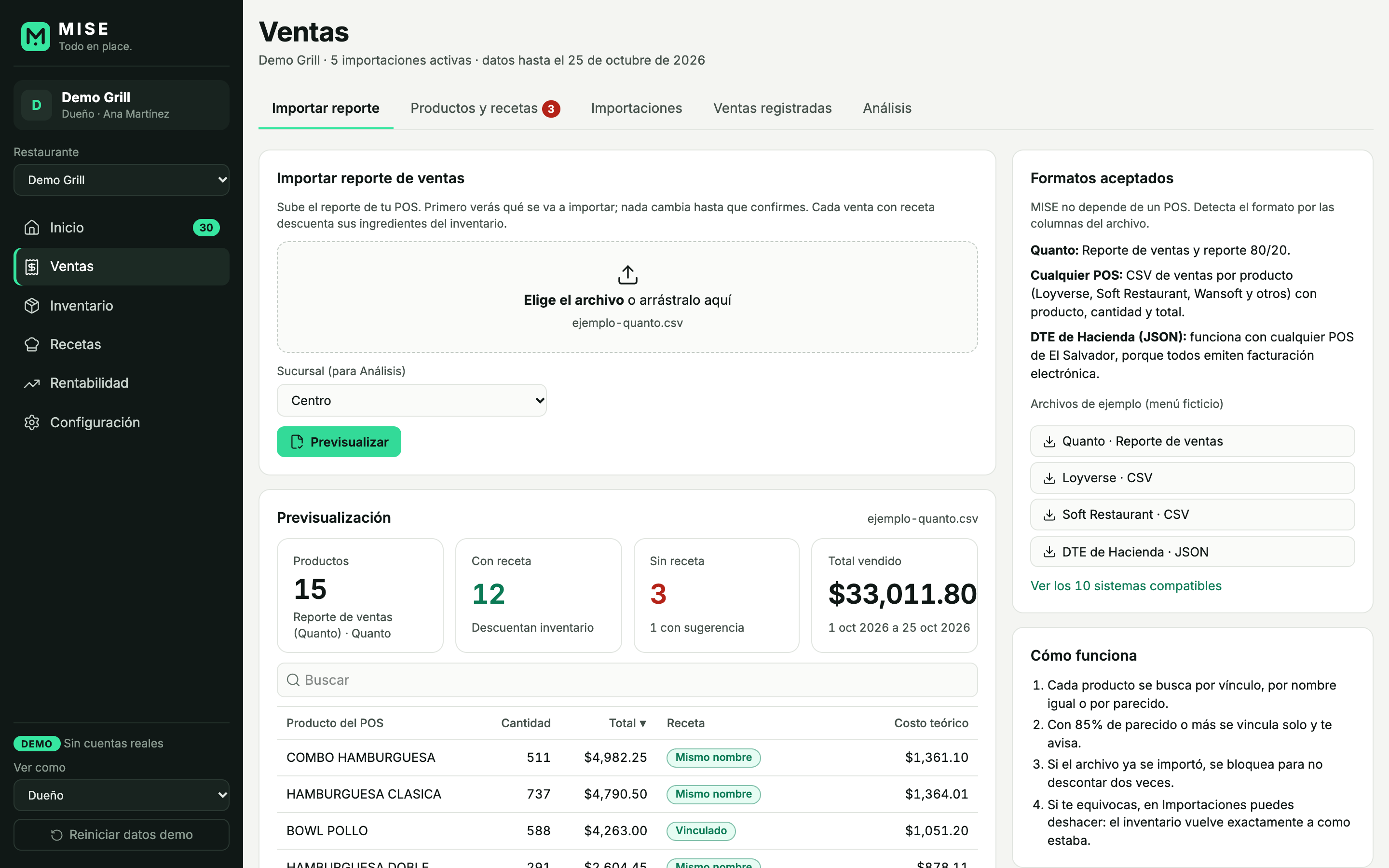 Importación de ventas con previsualización: productos con receta, sin receta y sugerencias