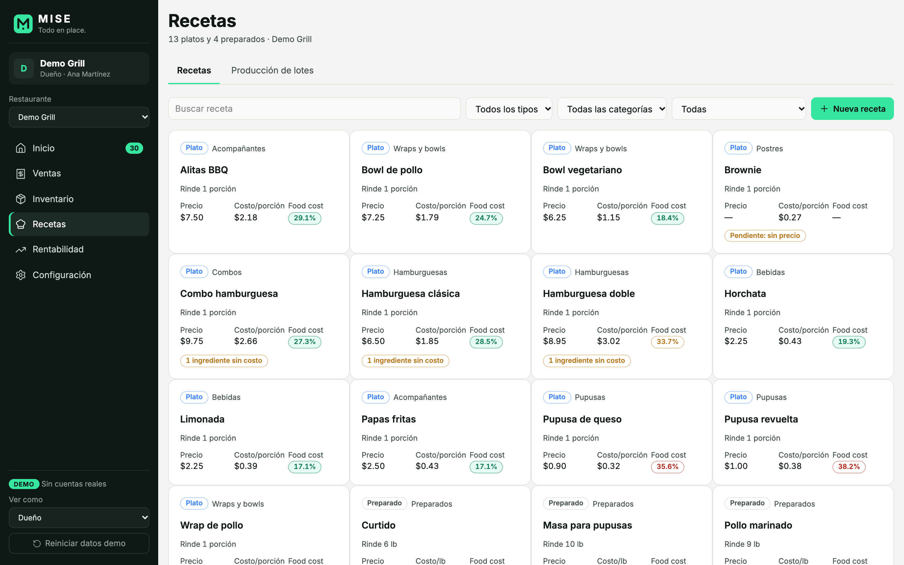 Recetas con costo por porción, precio y food cost